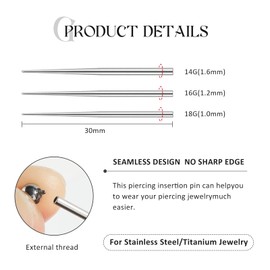 Glupez 6pcs G23 Titanium Piercing Kit Insertion Pin Threadless Rod Stretching Ideal Tool for Ear Nose Navel Nipple Lip Eyebrow Tongue Tragus Helix Piercings,14G,16G,18G