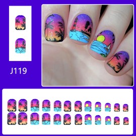 Vopintpy Coconut Tree Fake Nails Ocean Sunset Press on Nails with Rainbow Gradient Acrylic Glue on Nail Matte Short Square Stick on Nail for Women DIY Manicure