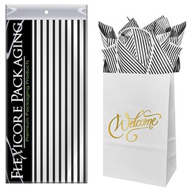 Flexicore Packaging White Kraft Paper Welcome Bags & Black Gift Wrap Tissue Paper | Size: 5.25 Inch X 3.25 Inch X 8.25 Inch | Count: 50 Bags | Color: Black Pin Stripe