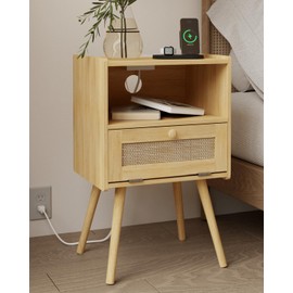 JOONEE Rattan Nightstand，Farmhouse Bedside Table with Storage Drawer and Open Shelf
