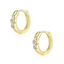 Gold Earrings for Women, Sterling Silver Hoops | Hypoallergenic Huggie Earings with 3 Pcs of Tiny Cubic Zirconia, Dainty Sleeper Earrings Jewellery Christmas Birthday Gifts