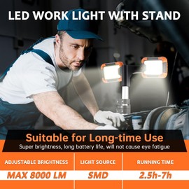 8000 Lumen Rechargeable LED Work Light with Stand, Portable Cordless Work Light with 2 Powerful Adjustable LED Lamps, Waterproof Tripod Worklights for Outdoor Indoor Job Site Workshop Garage(Orange)