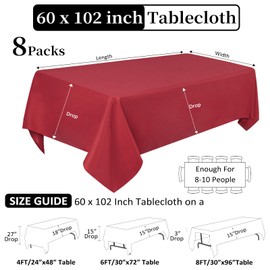 8 Pack Red Tablecloth 60 x 102 Inch Rectangular Tablecloths for 6 Foot Rectangle Tables, Wrinkle Resistant Red Table Cloth Washable Polyester Fabric Table Covers for Buffet Wedding Party Banquet