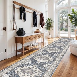 Washable 3x12 Hallway Runner Rug: Oriental Non-Slip Rugs for Entryway Living Room Floral Stain Resistant Long Kitchen Bathroom Carpets Accent Low Pile Floor Mat for Dining Room Bedroom (3x12,Blue)