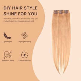 Bella Hair Clip-in Human Hair Extensions Real Human Hair - 30g 6pcs 22 inch Lightweight Straight Remy Human Hair Hairpieces for Highlights & Mix Shades - #18 Honey Blonde