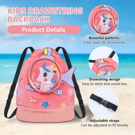 Friedwohl Children's Swimming Bag, Girls Boys Waterproof Gym Bag, Swimming Backpack, Training Bag with Wet Compartment, Wet and Dry Sports Backpack, Unicorn, pink