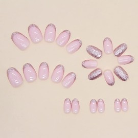 Reusable Stick On Nails - Short Long French Tips, Acrylic False Nails with Glue, 24PCS (Pink Glitter)