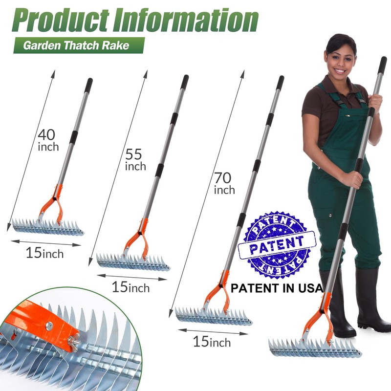 Walensee Thatch Rake, 15-Inch Lawn Thatching Rake, Robust Dethatcher Rake,