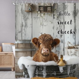 Hnmdmyi Shower Curtain Funny Highland Cow 180 x 200 cm, Farmhouse Western Animal Cow Duck Bathing in Bubbly Bath Curtain Waterproof Polyester Fabric Washable Bath Curtain with Hooks