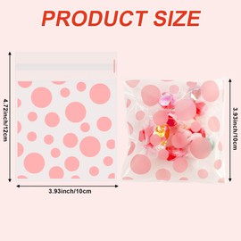 Pink Cellophane Treat Bags, 100 Pcs Cookie Bags with Seal, Plastic Polka Dot Stripes Self Sealing Cookie Candy Gift Goodie Snack Bag for Birthday Wedding Valentine Party Favor Supplies 3.9 X 4.7 Inch