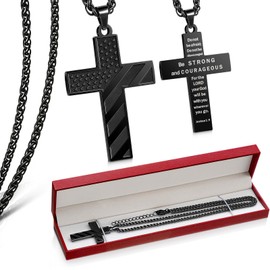 Misdary American Flag Cross Necklace with Gift Box for Men 22+2 Inch Inspirational Bible Verse Stainless Steel Cross Pendant Chain Religious Necklace Jewelry Patriotic Gift for Son
