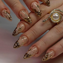 Gold French Tip Press on Nails Short Almond Fake Nails with 3D irregularity Line Designs Sun Stars False Nails Rhinestone Artificial Nails Glossy Acrylic Full Cover Stick on Nails for Women Girls
