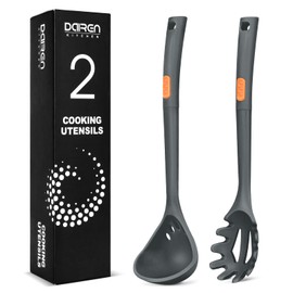 Silicone Pasta Fork and Ladle Spoon Set, Large Non Stick Kitchen Utensils for Cooking,Stirring,One Piece Serving Spaghetti, Soup, Sauce (GREY)