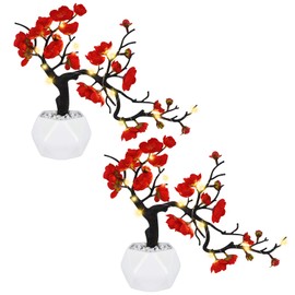 Dolicer 2 Pack Plum Blossom 2 string lights (without battery) Artificial Flowers Silk Blossoms with Ceramic Vase Double Branches Simulation Flower Blossom Potted Arrangement for Home Party Decor, Red
