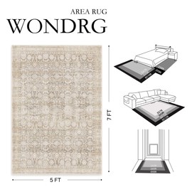 WondRg 4x6 Beige Washable Neutral Area Rug Living Room Vintage Floral Non Slip Soft Thin Throw Rug Floral Distressed Stain Resistant Carpet Dining Room Kitchen Bedroom Playroom Office