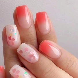YOSOMK Square Press on Nails Short Fake Nails with Flower Designs Cute Gradient Pink Acrylic Nails Glossy Full Cover Glue on False Nails for Women