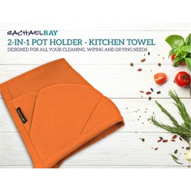 Rachael Ray Moppine Towel,2pk-2-in-1 Kitchen Towel and Pot Holder with 2 Heat Resistant Pockets to Grip Hot Cookware, Bakeware-Absorbent Kitchen Towels Perfect for Drying Dishes and Hands,Burnt Orange