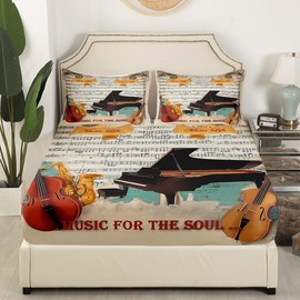Musical Notes Piano Fitted Sheet Queen Size,Violin Print Bedding Set Rock Roll Music Themed Bed Sheet Kids Boys Girls Room Decor,Vintage Old Newspaper Hippie Music Deep Dacket Sheet,2 Pillowcases