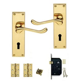Golden Grace Victorian Scroll Polished Brass Lever Lock Door Handles + 3 Lever Lock Set +2 Keys and 1 Pair of Hinges