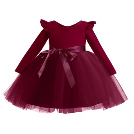 Flower Girls Tutu Dress Princess Dresses Long Sleeve Velvet Gown Dress For Xmas Party School Performance Girls Special Occasion Dress Pageant Bridesmaid Wedding Fall Winter Dress Burgundy 4-5 Y