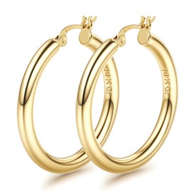 Sanfenly 14K Gold Filled Chunky Hoop Earrings - 4mm Thick, 25/30/40/50/60/70MM, Hypoallergenic, Lightweight, Sterling Silver, Zirconia Stones