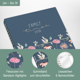 Häfft® Family-Timer 2026 A5+ "Flying Flowers" Family Calendar for 4 People, Family Planner 12 Months: Jan to Dec 26, Family Organiser - Sustainable & Climate Friendly