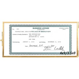 Himitimi Business License Frame Gold Brass Certificate Display Frame Double Glass Tabletop Picture Frames for 4x9 and 3.5x8 Certificate Business