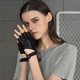 FIORETTO Womens Fingerless Leather Gloves for Driving Motorcycle Unlined Half Finger Punk Gloves Black Large