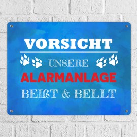 Vorsicht unsere Alarmanlage beißt & bellt Metal Sign XL 21 x 28 cm in Blue Decoration Funny Saying Dog Pet Warning Burglar Dog Friend Gift Idea