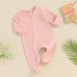Newborn Baby Clothes Infant Girls Boys Solid Color Long Sleeve Romper Zipper Footed Jumpsuit Playsuit Outfits (Pink, 3-6 Months)