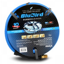 BLUBIRD BB3815 3/8" x 15' Rubber Air Hose, 100% Rubber, Lightest, Strongest, Most Flexible, 300 PSI, 50F to 190F Degrees, Ozone Resistant, High Strength Polyester Braided
