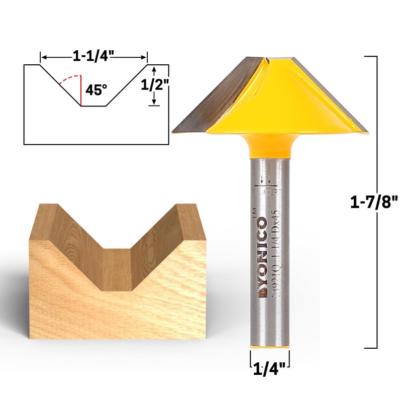 Yonico V Groove Flat Bottom Router Bit 45 Degree 1/4-Inch