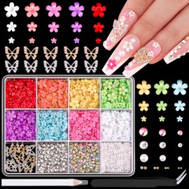 3D Nail Charms and Gems Set 11, 10PCS Gold and Silver Chunky Butterfly Nail Charms with Rhinestones, 3D Flowers for Nails, Flatback Crystals and Pearls + Picker Tool for Y2K Nail Decoration