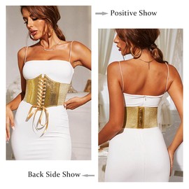 Yalice Women Corset Belt Lace-up Sequins Wide Belt Lace Elastic Skinny Leather Waist Belts Cinch Belt for Women Costume Prom, Gold, Fit Waist Size 25‘’-29‘’