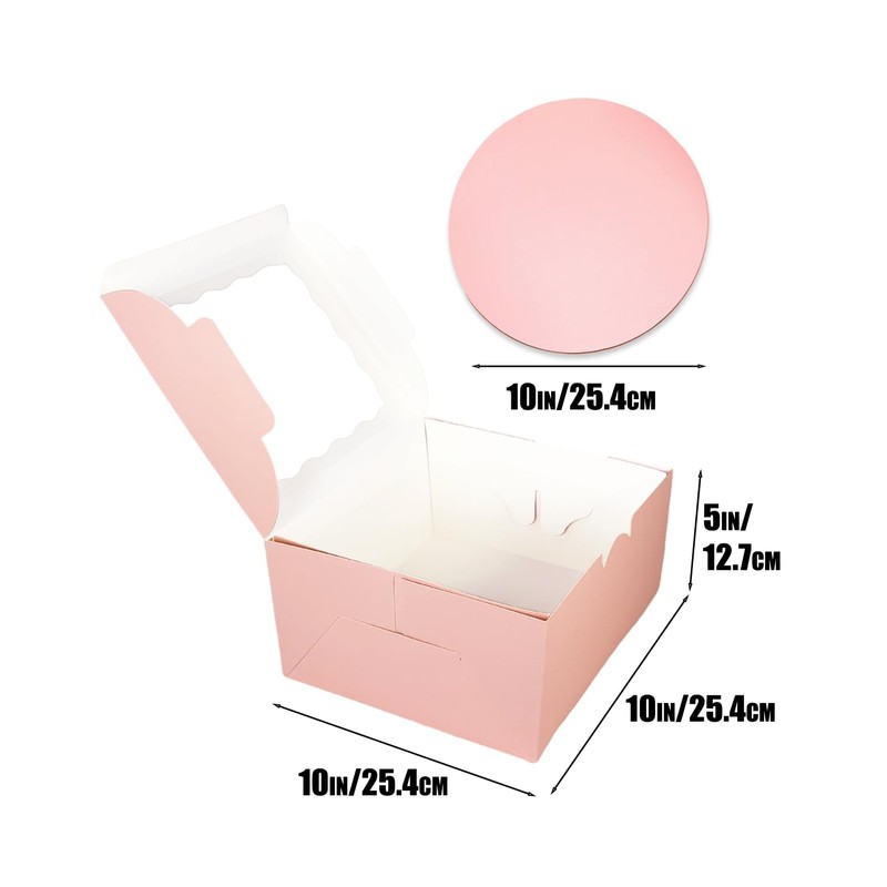 qiqee 10x10x5 Cake Box, 4 Sets Pink Cake Box with