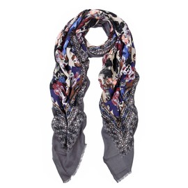 Elegant Large Vintage Floral Design Frayed End Scarf Wrap, Grey