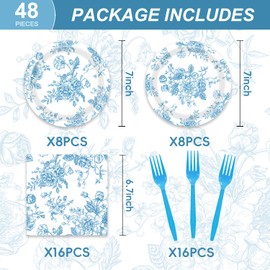 48PCS Blue and White Floral Party Decorations Dessert Plates Napkins Forks Serve 16 Guests