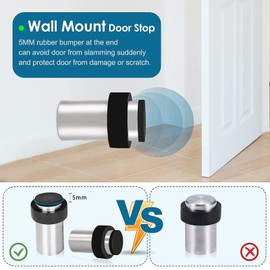 KOLAKO Door Stop, Floor Wall Mounted Door Stop with Rubber Bumper, Heavy Duty Stainless Steel, Modern Solid Cylindrical Floor Door Stopper for Skirting Boards, Chrome Silver