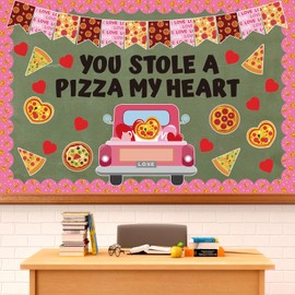 JarThenaAMCS 87Pcs Valentine's Day Pizza Bulletin Board Decoration Set Love Truck You Stole A Pizza My Heart Paper Cutouts with 100Pcs Glue Points for Party Classroom Wall Blackboard
