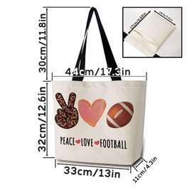 ZhuVantrix Peace Love Football Tote Bag Reusable Grocery Bags Aesthetic Shopping Shoulder Handbag with Interior Zipper Pocket Stylish American Football-themed Present for Footbal Lovers Fans Women