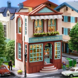 CUTEROOM Miniature House, DIY Dollhouse Set Made of Wood, Mini House Building Set with Furniture and LED Light, Birthday Gift for Women and Girls (Dessert Shop)