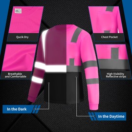 WPLM Hi Vis Long Sleeve Reflective T Shirts Safety Work Shirts Black Bottom Fast Dry for Men Pink M 3PCS