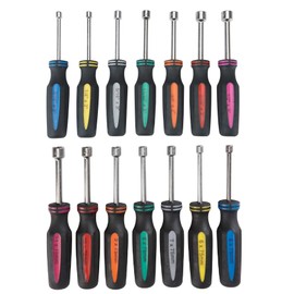 14 Piece SAE and Metric Professional Automotive Nut Driver Set Color Coded Nonslip TPR Hand Grips and 3-inch Hollow Shaft