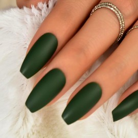 Matte Dark Green Press On Nails Medium, IKISKT Full Cover Coffin False Nail Tips, Reusable Fake Nails Art Kit, Includes Prep Pad, Mini Nail File, Cuticle Stick and 24 Nails, Solid Frosted Green