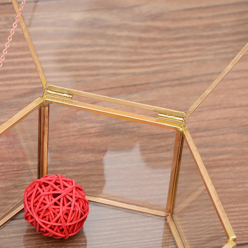 Hexagon Shape Geometric Transparent Glass Flower Room Glass Ring Box