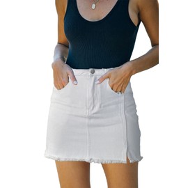HERBATOMIA Women’s Denim Mini Washed Frayed Skirt High Waist A-line Bodycon White Split Hem Casual Jean Skirts with Pocket for Women