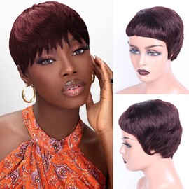 MYLOCKME Short Pixie Wigs for Black Women Glueless Human Hair Wigs Natural Black Pixie Cut Wig with Bangs Short Curly Pixie Human Hair Wigs (#99J)