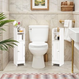 SUPER DEAL Small Bathroom Storage Corner Cabinet Set of 2, Narrow Floor Bathroom Toilet Paper Storage Organizer with Adjustable Shelves for Small Space, White