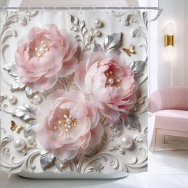 Ufeela Pink Floral Shower Curtain 72Wx72L Inch Blush Pink Flower Abstract Bold Peony Rose Silver Leaves Botanical for Women Girly Pretty Luxury Bathroom Set Bath Curtain Bathtub Accessories Home Decor