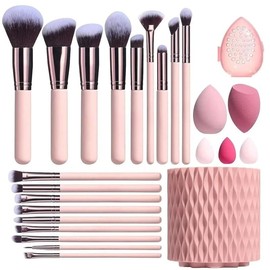 Makeup Brushes Premium Synthetic Foundation Powder Concealers Eye Shadows 18 Pcs Brush Set with 5 sponge & Holder Sponge Case A-Pink:_Grey